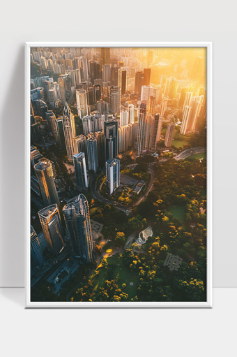 现代城市高楼林立夕阳映照都市公园美景