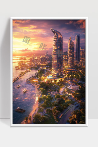 夕阳下现代滨海城市高楼与自然景观交融美景