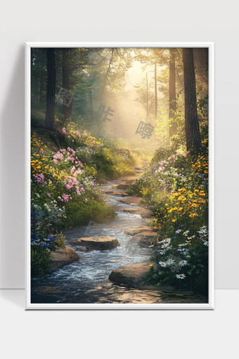 阳光穿透森林清澈溪流花草萦绕自然美景