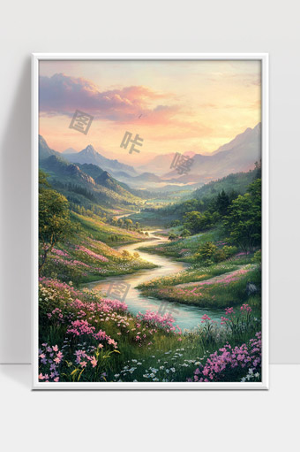 宁静溪流穿越花海环绕山谷日出美景
