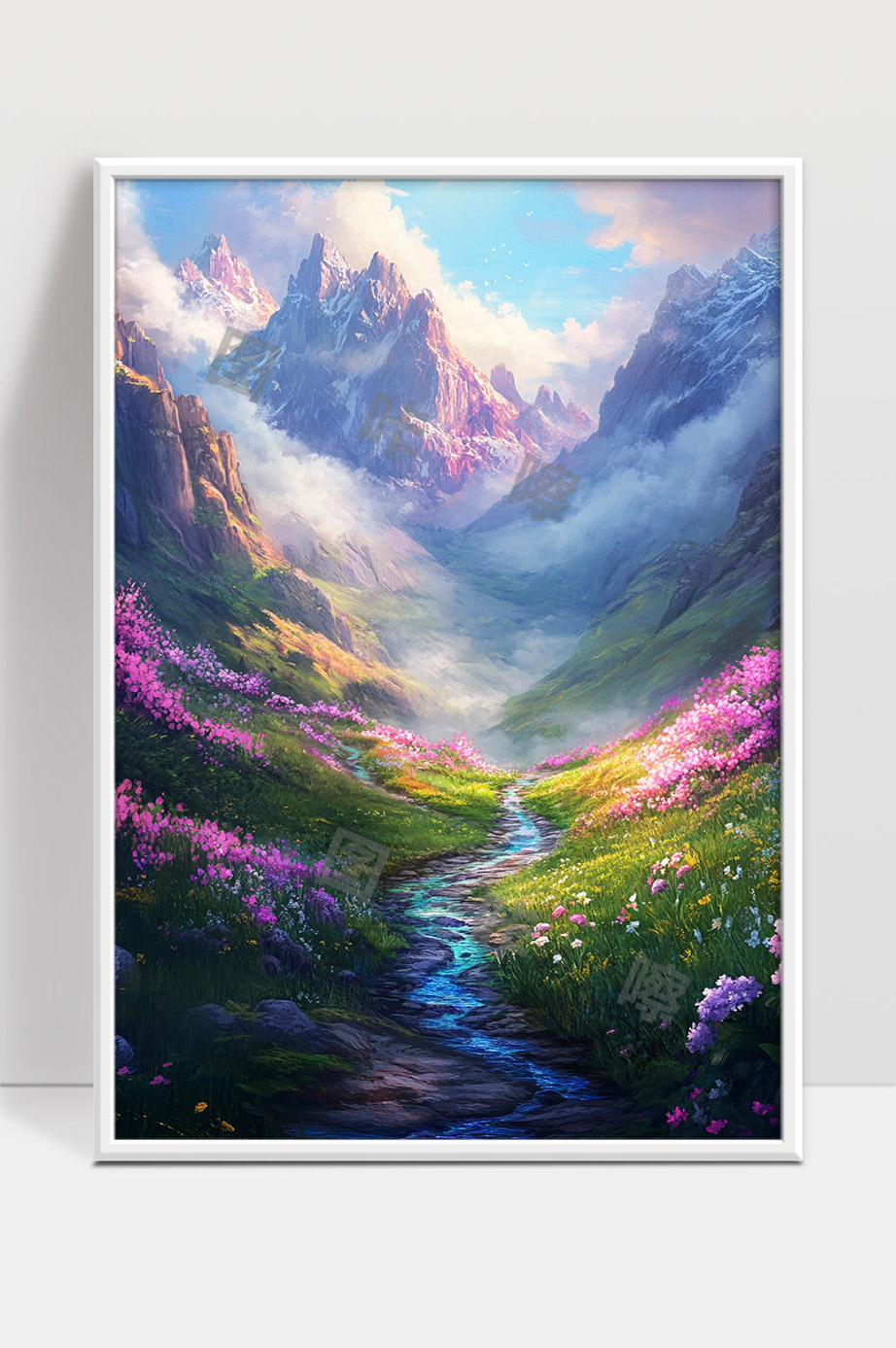 宁静山谷溪流环绕春日花海美景