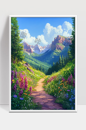 美丽山谷中的花海与蜿蜒小径自然风光