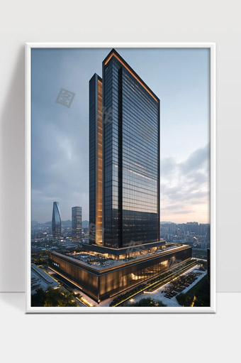 现代都市高层写字楼黄昏景观建筑设计