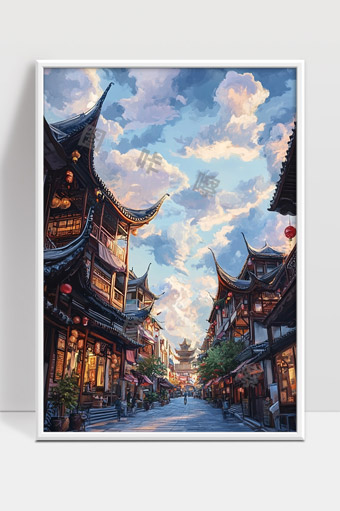 古风街道夕阳映照下的传统建筑风情画