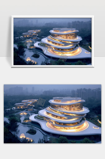 现代城市中独特造型的创新文化艺术中心夜景