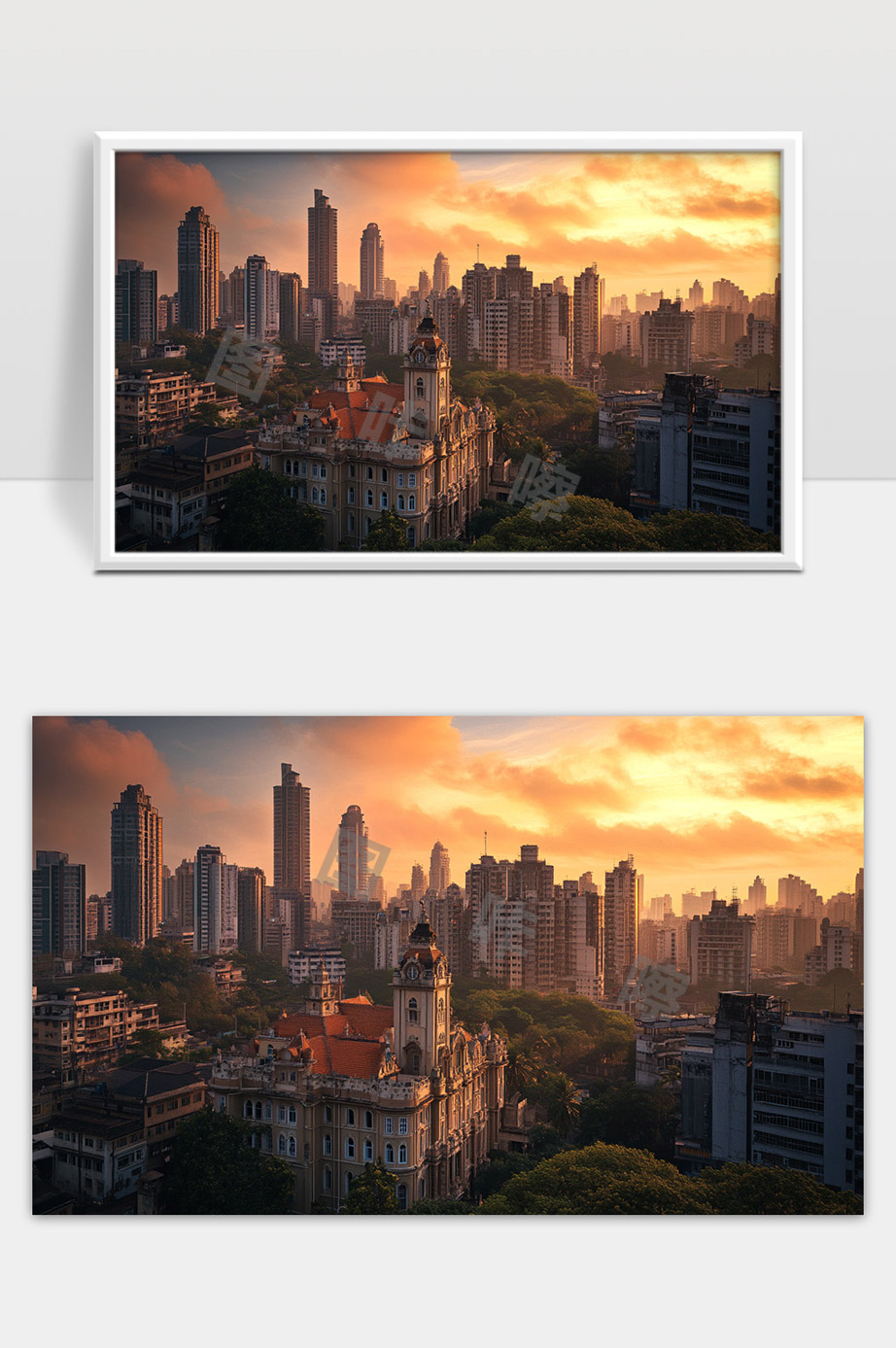 夕阳映照下的现代都市建筑与历史风貌