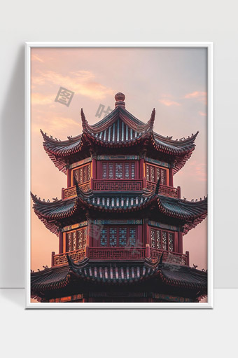 古风三层阁楼建筑夕阳映照美丽景象