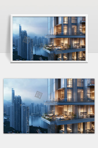 现代高层住宅楼豪华阳台城市景观夜景玻璃幕墙建筑设计