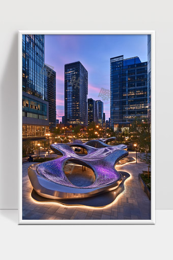 现代都市夜景中独特艺术装置与高楼建筑融合美景