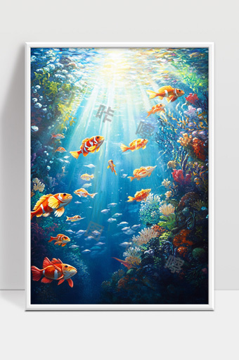 阳光透海底五彩斑斓的珊瑚鱼群畅游场景