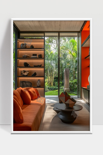 现代风格橙色家具与自然景观相融合的客厅设计