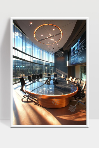 现代办公大楼内宽敞明亮的圆形会议室设计