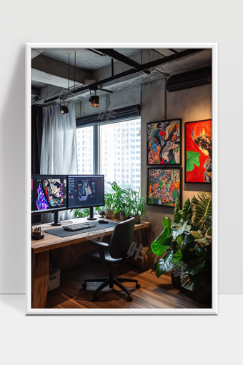 现代创意办公空间艺术装饰与绿色植物结合写字桌设计