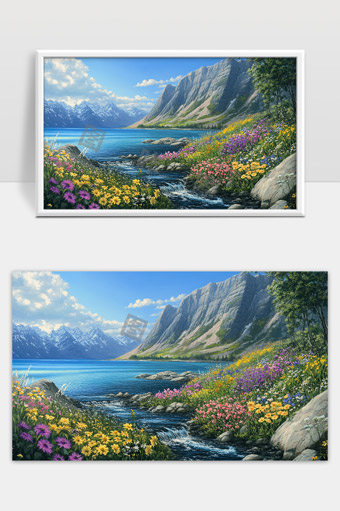 春日山谷中溪流花海与远山美丽自然风光