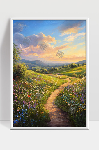 春日阳光下绽放的野花与宁静田野小路风光