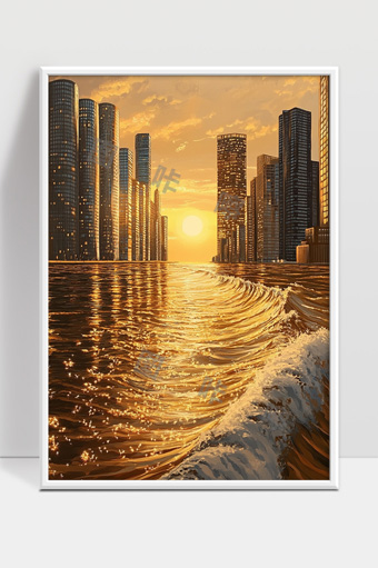夕阳映照下的现代城市水景与高楼林立