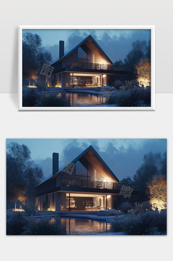 现代创新玻璃别墅夜景湖边景观建筑设计