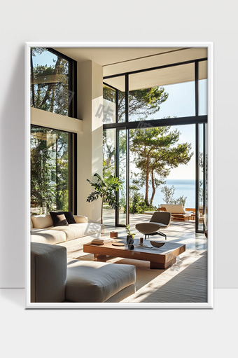 现代简约风格宽敞明亮客厅海景落地窗设计