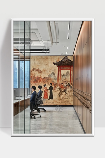 现代办公室与古典中国风壁画完美结合空间设计