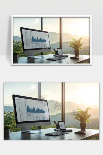 办公桌面电脑数据分析与自然风光相结合的现代办公环境