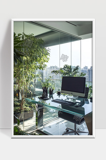 现代自然风格办公空间绿植与玻璃桌完美结合
