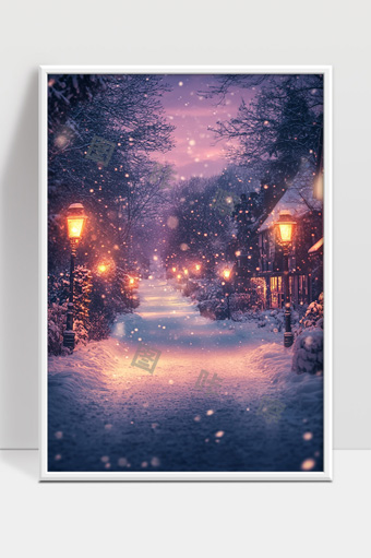 冬季雪夜乡村小路灯光温暖景色
