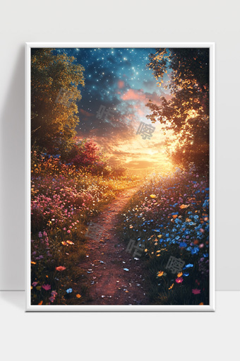梦幻星空下绚丽花海中的宁静小径风光
