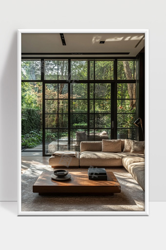 现代简约客厅大窗户自然光与绿色景观完美融合