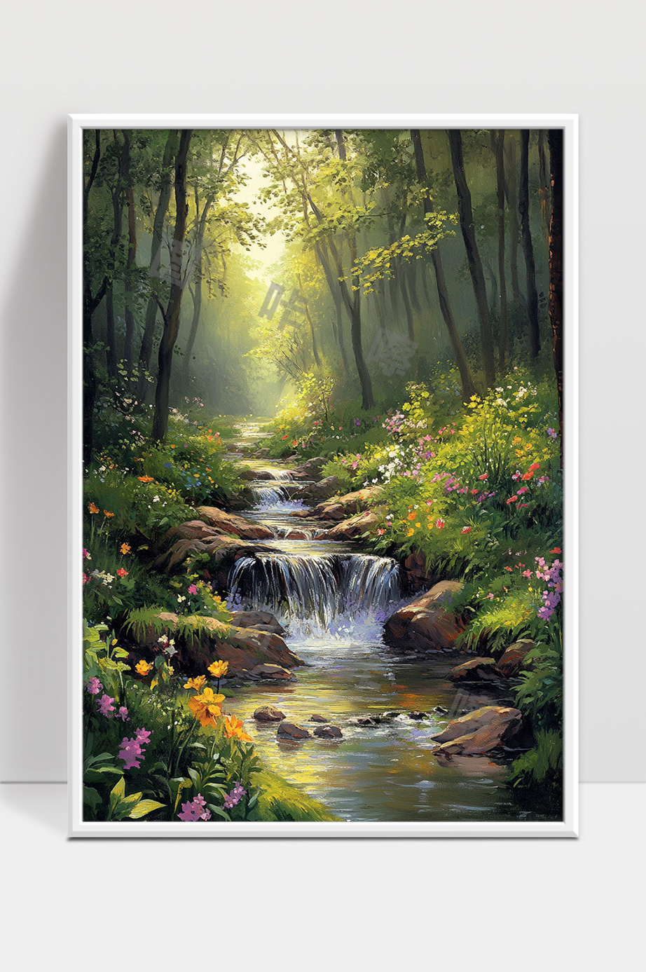 清晨森林溪流春天花草自然风光