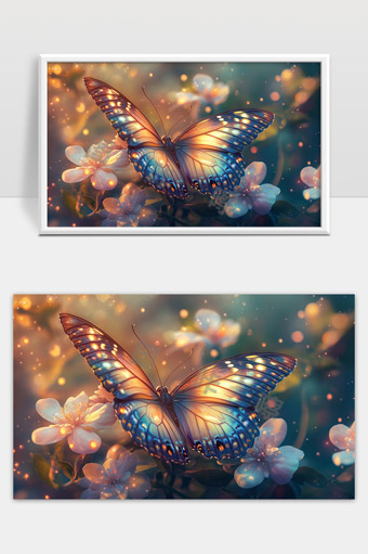 柔光中的蓝色蝴蝶翩翩起舞花丛唯美静谧自然风景