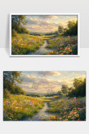 阳光下绽放的绚丽野花与宁静小溪美景