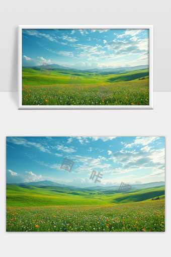 广阔草原花海蓝天白云自然风光美丽景色