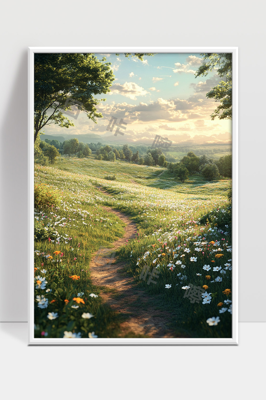 宁静乡村花海中的蜿蜒小径美丽自然风光