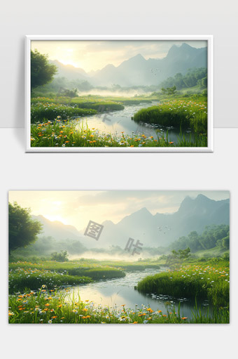 宁静山谷溪流花海晨雾自然风光美景