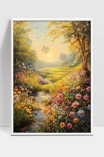 阳光洒落下的春日花海与静谧溪流风景画