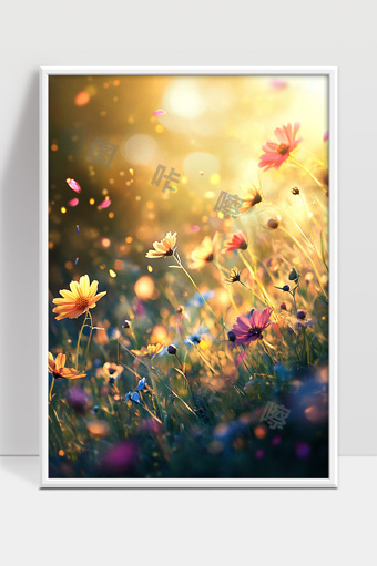 温暖阳光下绽放的多彩野花美景画面