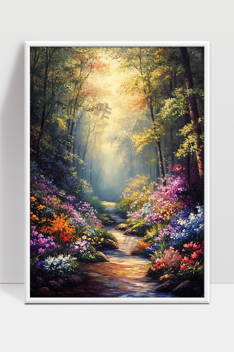 阳光洒落森林花海中的宁静小径美景