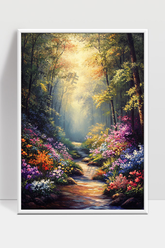 阳光洒落森林花海中的宁静小径美景