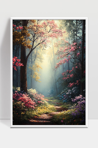 阳光穿透花海森林小径宁静美丽自然风光