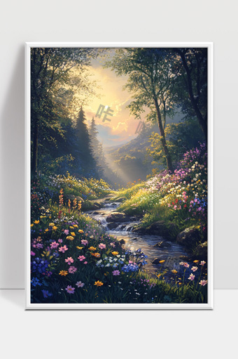 阳光下的森林溪流绽放五彩斑斓野花美景