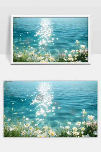 湖边阳光照耀下的野花与碧水美景