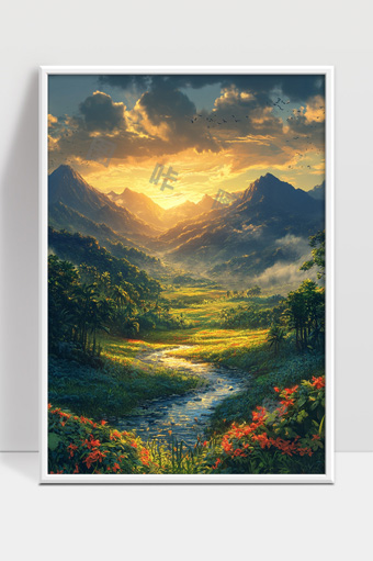 落日晚霞映照宁静山谷溪流花海美丽自然风光