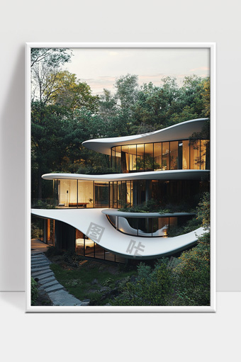 现代森林中的未来感曲线玻璃别墅建筑设计