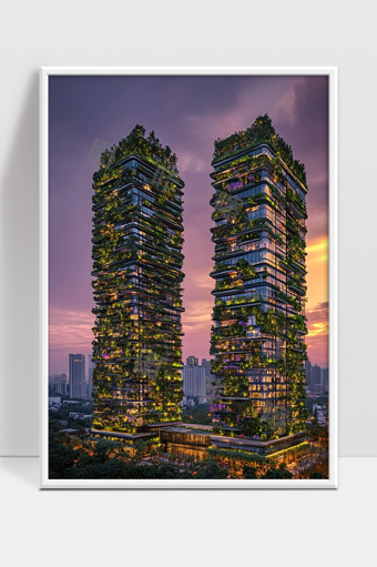 绿色生态摩天楼城市夜景现代建筑设计