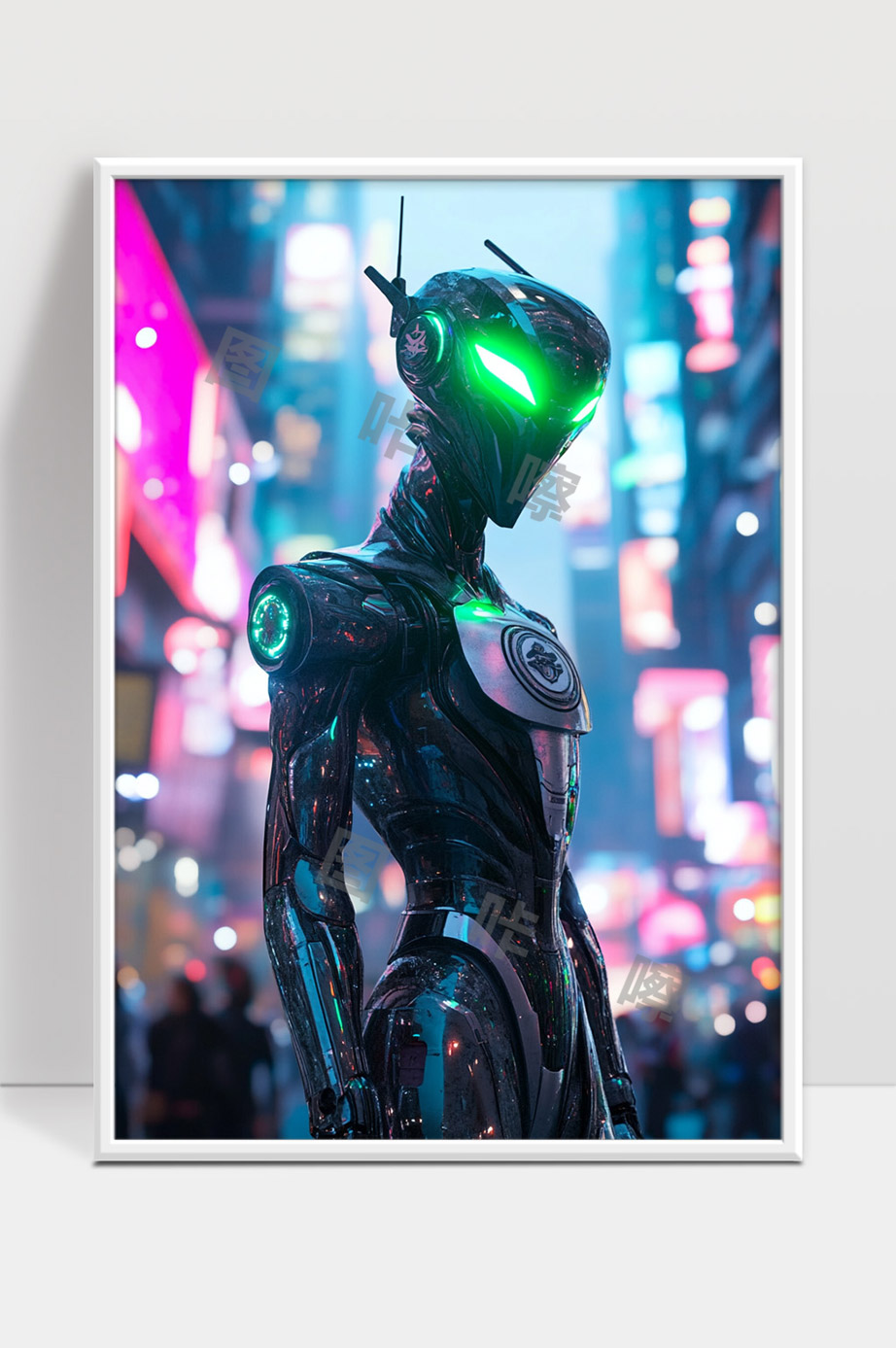 未来城市中发光眼睛高科技智能机器人形象