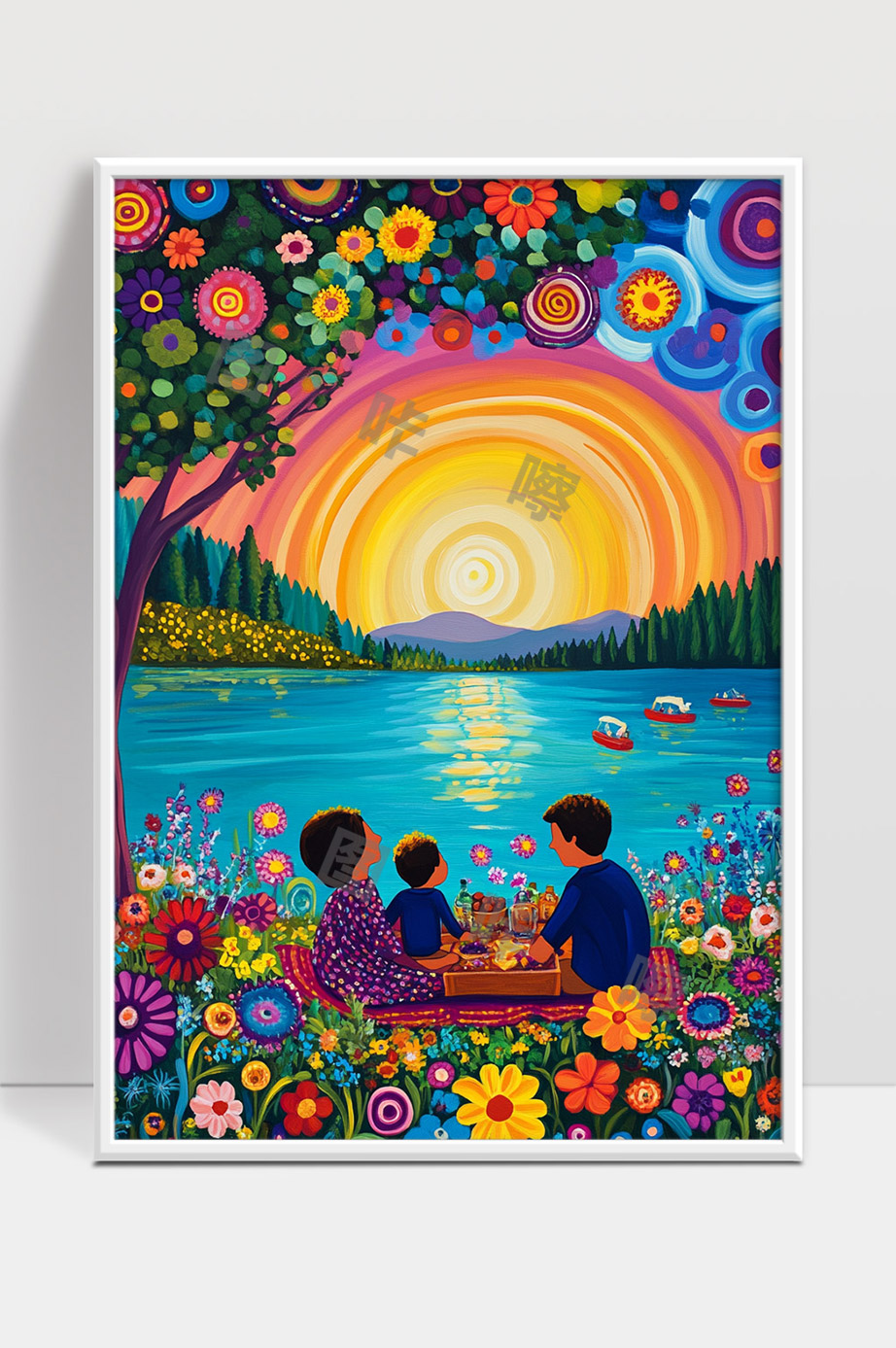 美丽日落下花海湖边温馨家庭野餐时光