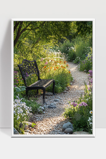 阳光下宁静花园小径与木质长椅的美好景象