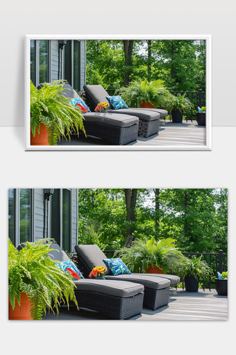 阳光庭院舒适休闲躺椅绿植装饰自然惬意生活空间