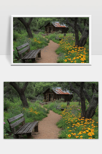 宁静乡村小径旁的花丛与木质长椅美丽景色