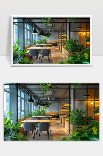 现代办公空间绿色植物环绕舒适自然环境设计